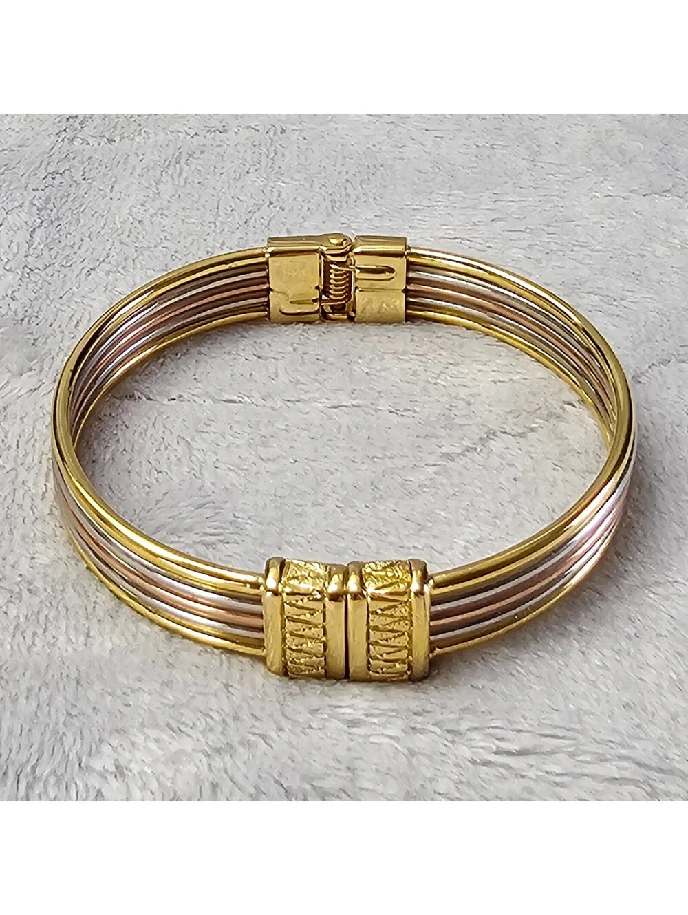 Premier Designs Tri Tone Hinged Cuff Bracelet Gold Silver Rose Gold Multi Wire